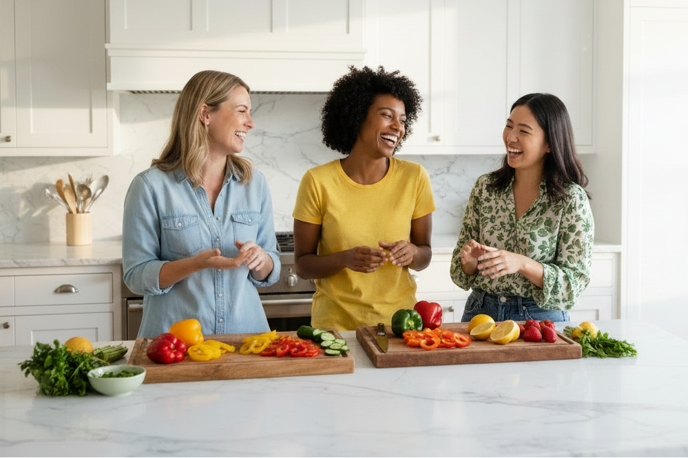 Three women laughing and talking in a bright, modern white kitchen, standing behind a marble island with fresh vegetables and cutting boards.