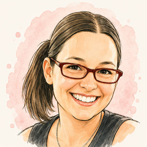 Watercolor-style portrait illustration of a smiling woman with brown hair  and dark red-rimmed glasses, shown against a soft pink watercolor splash on a light cream background.